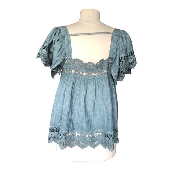 POL Square Neck Puff Sleeve Crochet Details Flowy Blouse Small NWOT - Picture 5 of 10